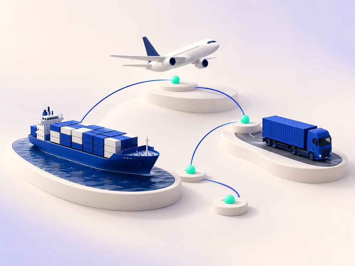 Ilustração conceitual de navio, avião e caminhão conectados por rotas logísticas